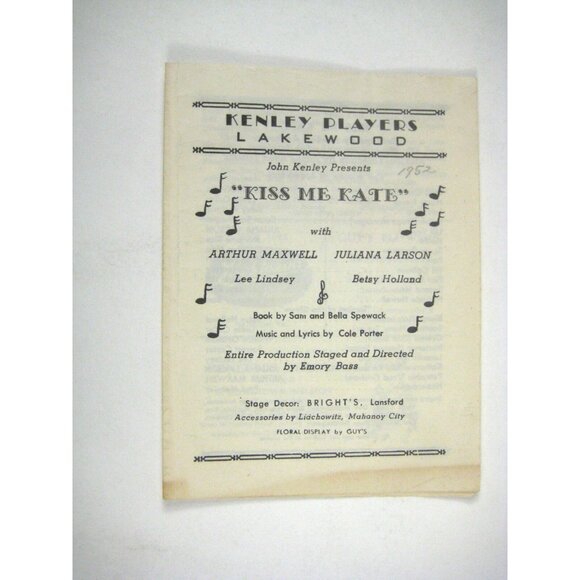 Kiss Me Kate Program 1952 Kenley Players Lakewood Juliana Larson Lee Lindsey - Picture 1 of 8